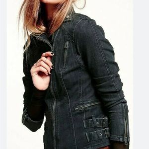 Free People Strap & Buckle Denim Moto Jacket Black - Size: 8 - $50 ($160)